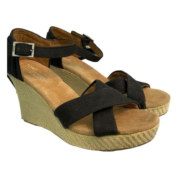 TOMS Sierra Strappy Espadrille Sandals Black Canvas Cork Bottom Wedge 10 - Picture 2 of 7
